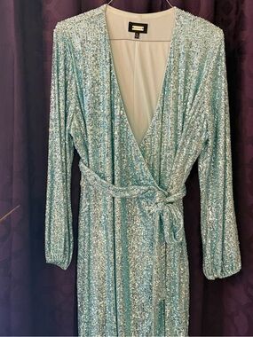 Sequin Wrap Long Sleeve Dress - Light Aqua by Alexia Admore